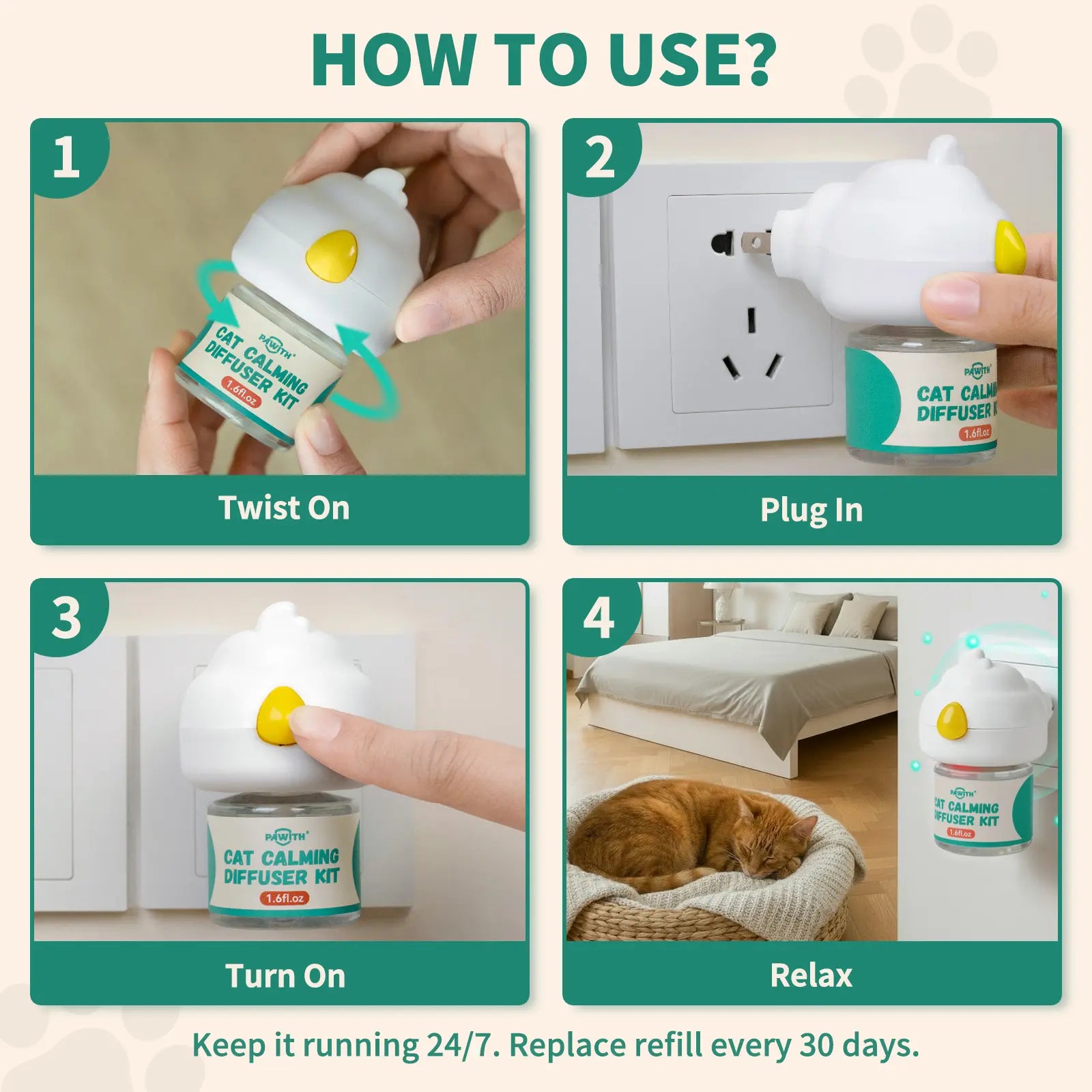 PAWITH 60-Day Cat Calming Diffuser - Cat Pheromone Diffuser for Stress, Pee Spraying, Cat Fighting, Aggression, Excessive Meowing & Scratching - 60-Day Refill Included