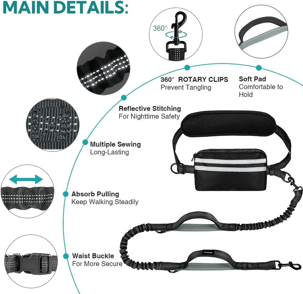 Pipidodo Hands-Free Dual Dog Leash with Waist Bag and Cushioned Pad – Effortless and Tangle-Free Walking for Two Dogs