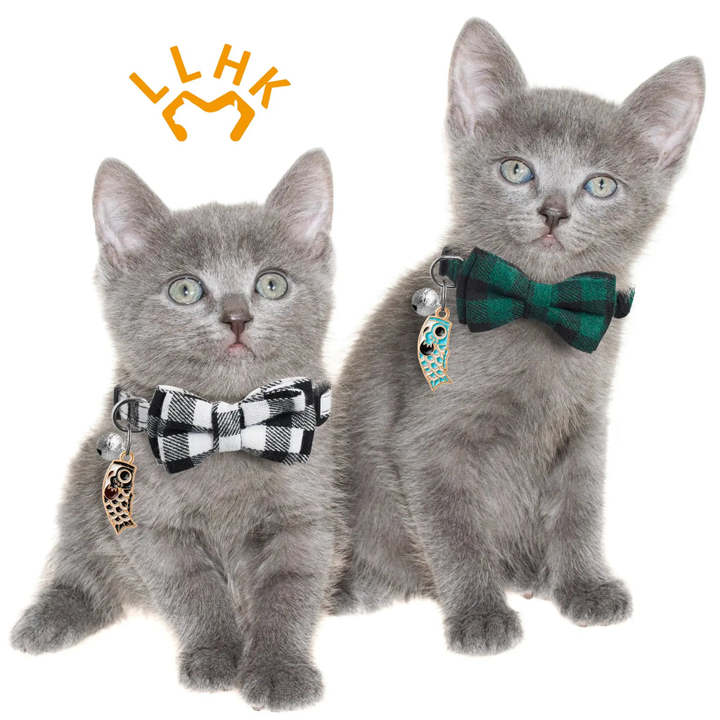 2 Pack Small Fish Cat Collars with Bow Tie and Bell,Personalized Breakaway Kitten Collar for Girl Boy Cats,Adjustable 7-12Inch,Cute for Kitty Kitten Adult Cats,Pet Supplies,Stuff,Accessories