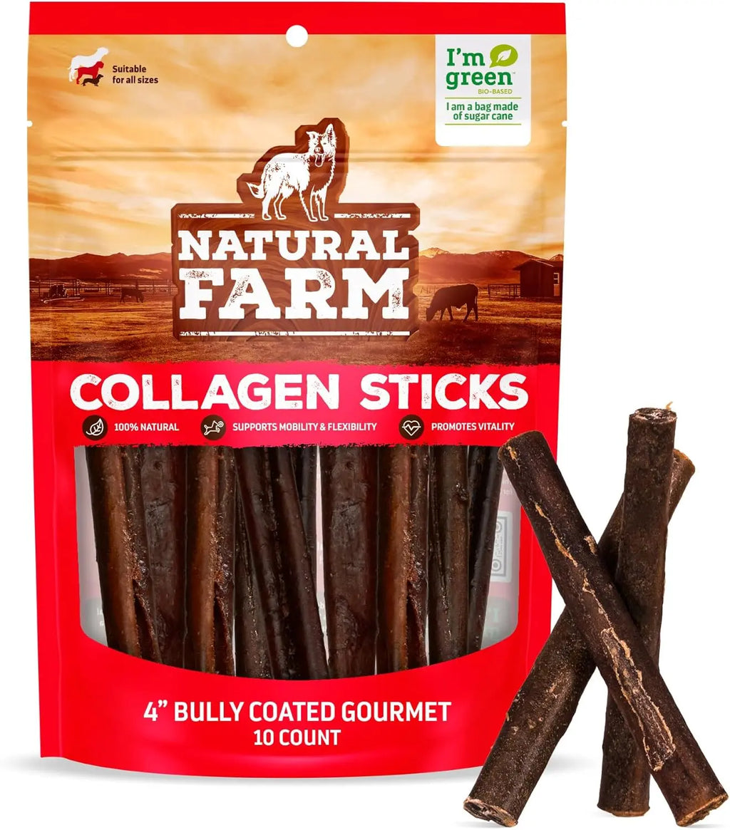 Natural Farm Gourmet Collagen Sticks - 4 Inch, 10 Count, 95% Collagen, Premium Beef, Long-Lasting Chew Treats for Dogs