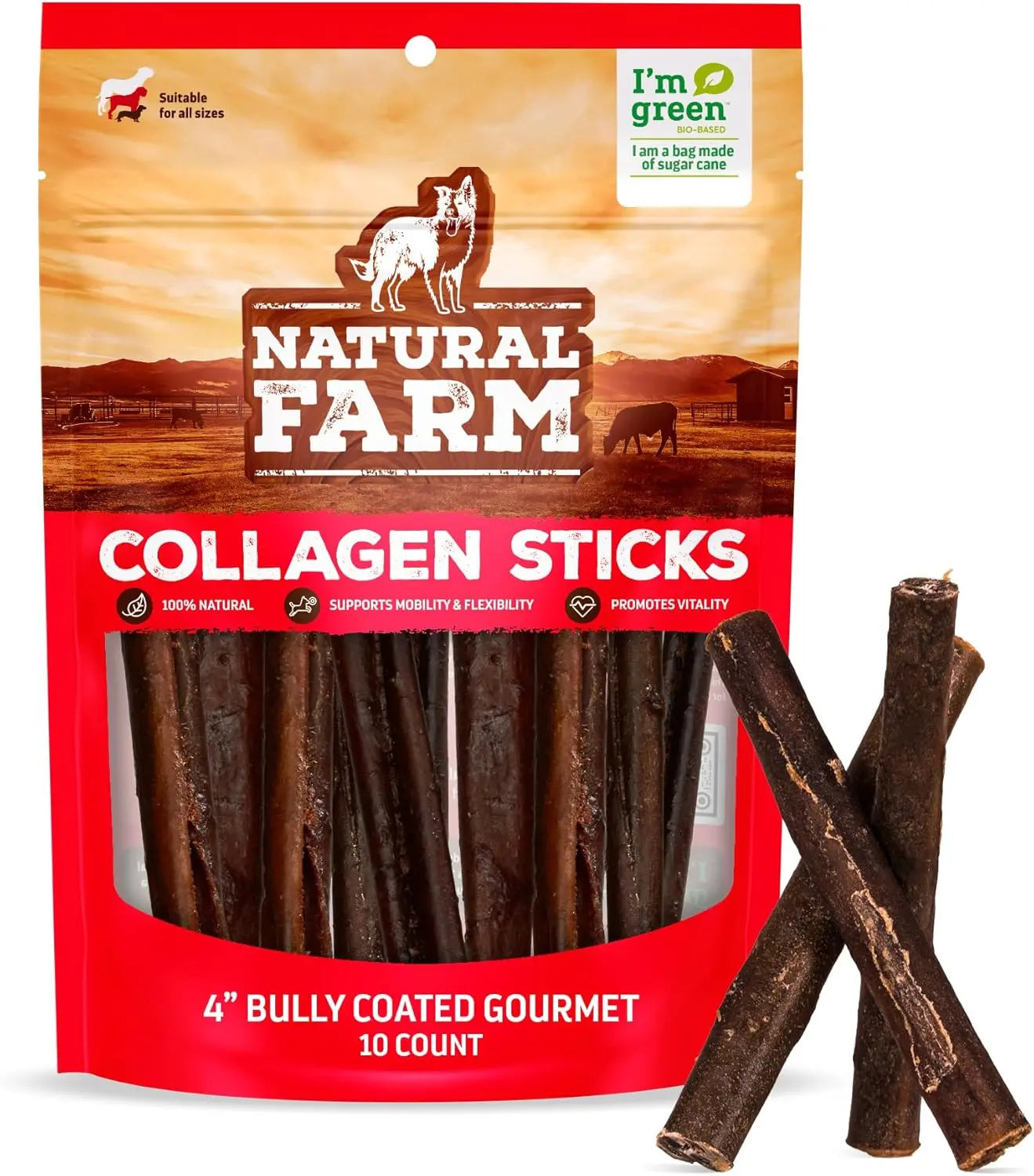 Natural Farm Gourmet Collagen Sticks - 4 Inch, 10 Count, 95% Collagen, Premium Beef, Long-Lasting Chew Treats for Dogs