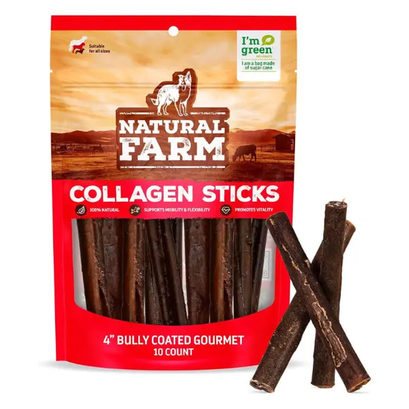 Natural Farm Gourmet Collagen Sticks - 4 Inch, 10 Count, 95% Collagen, Premium Beef, Long-Lasting Chew Treats for Dogs